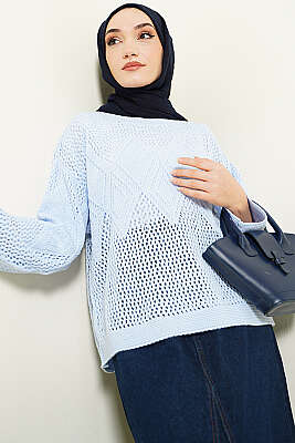 Baklava Desen Ajurlu Triko Kazak Bebe Mavi 