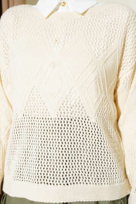 Baklava Desen Ajurlu Triko Kazak Bej - Triko Kazak