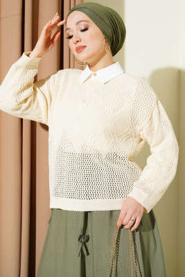 Baklava Desen Ajurlu Triko Kazak Bej 