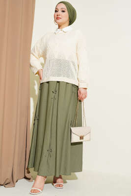 Baklava Desen Ajurlu Triko Kazak Bej - Yılın Fırsatı