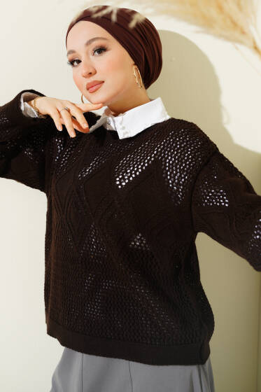 Baklava Desen Ajurlu Triko Kazak Kahve - Triko Kazak