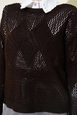 Baklava Desen Ajurlu Triko Kazak Kahve - Triko Kazak