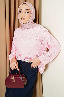 Baklava Desen Ajurlu Triko Kazak Pembe 