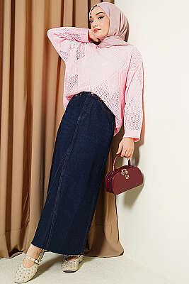 Baklava Desen Ajurlu Triko Kazak Pembe - Triko Kazak