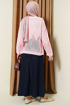 Baklava Desen Ajurlu Triko Kazak Pembe - Triko Kazak