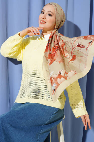 Baklava Desen Ajurlu Triko Kazak Sarı - Triko Kazak