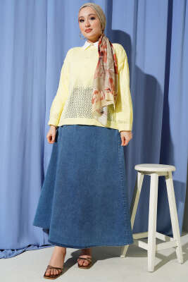 Baklava Desen Ajurlu Triko Kazak Sarı - Triko Kazak