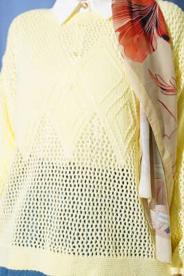 Baklava Desen Ajurlu Triko Kazak Sarı - Yılın Fırsatı