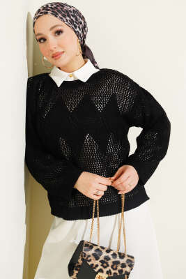 Baklava Desen Ajurlu Triko Kazak Siyah - VANİZA TRİKO