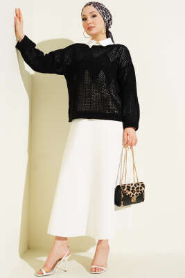 Baklava Desen Ajurlu Triko Kazak Siyah - Yılın Fırsatı