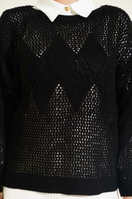 Baklava Desen Ajurlu Triko Kazak Siyah - Yılın Fırsatı