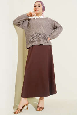 Baklava Desen Ajurlu Triko Kazak Vizon - Triko Kazak