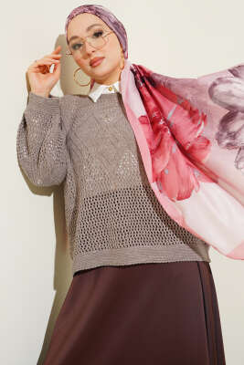 Baklava Desen Ajurlu Triko Kazak Vizon 