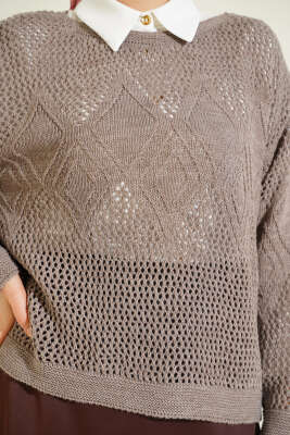 Baklava Desen Ajurlu Triko Kazak Vizon - Yılın Fırsatı