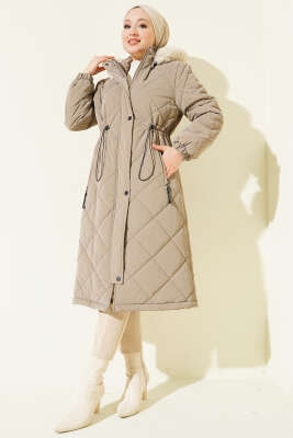 Baklava Desen Bel Tünelli Kapitone Mont Bej - MODA NORVELLA