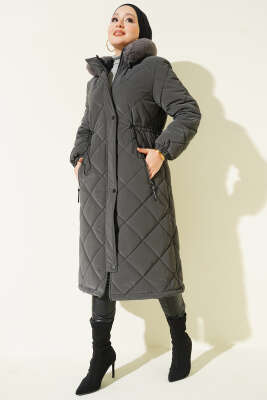 Baklava Desen Bel Tünelli Kapitone Mont Füme - MODA NORVELLA