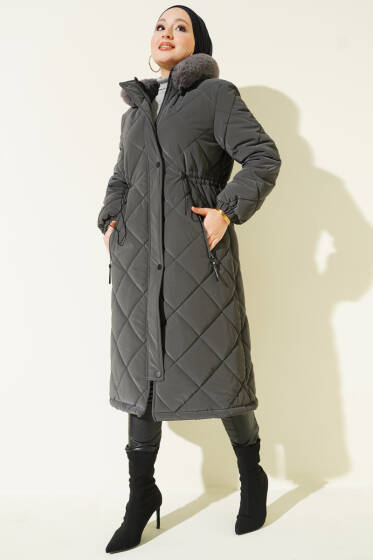 Baklava Desen Bel Tünelli Kapitone Mont Füme - Mont