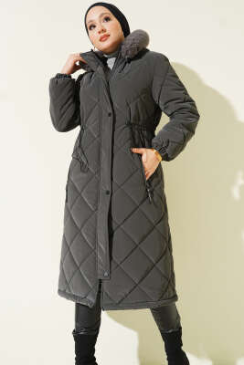 Baklava Desen Bel Tünelli Kapitone Mont Füme - Mont