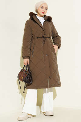 Baklava Desen Bel Tünelli Kapitone Mont Kahve - MODA NORVELLA