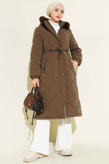 Baklava Desen Bel Tünelli Kapitone Mont Kahve - Mont