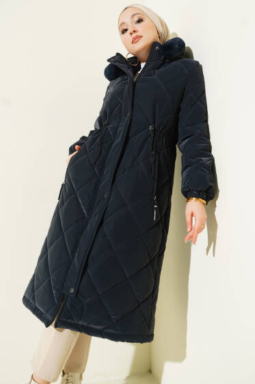 Baklava Desen Bel Tünelli Kapitone Mont Lacivert - Mont