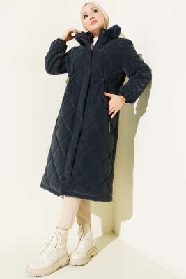 Baklava Desen Bel Tünelli Kapitone Mont Lacivert - Mont