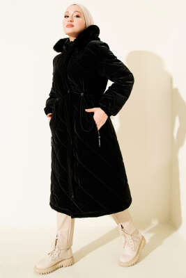 Baklava Desen Bel Tünelli Kapitone Mont Siyah - MODA NORVELLA