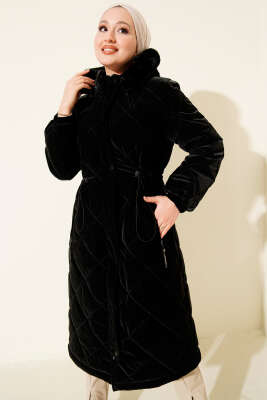 Baklava Desen Bel Tünelli Kapitone Mont Siyah - Mont