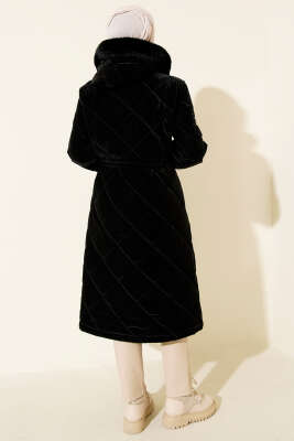 Baklava Desen Bel Tünelli Kapitone Mont Siyah - Mont