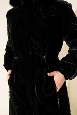 Baklava Desen Bel Tünelli Kapitone Mont Siyah - Mont