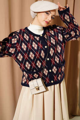 Baklava Desen Cepli Kısa Triko Hırka Lacivert 