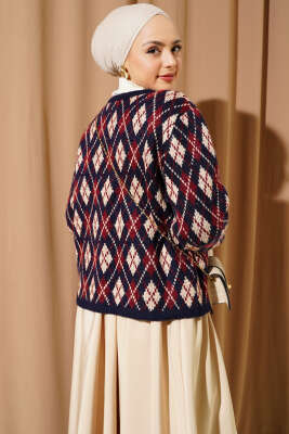 Baklava Desen Cepli Kısa Triko Hırka Lacivert - Triko Hırka