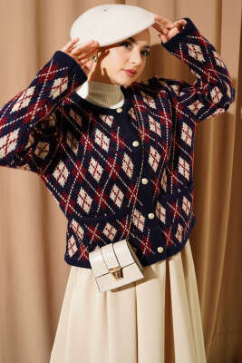 Baklava Desen Cepli Kısa Triko Hırka Lacivert - Triko Hırka