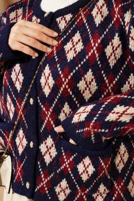 Baklava Desen Cepli Kısa Triko Hırka Lacivert - Triko Hırka