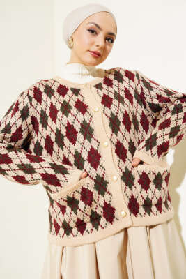 Baklava Desen Cepli Kısa Triko Hırka Latte - Triko Hırka