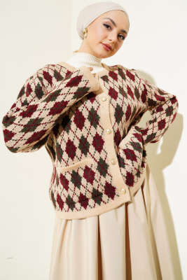 Baklava Desen Cepli Kısa Triko Hırka Latte - Triko Hırka