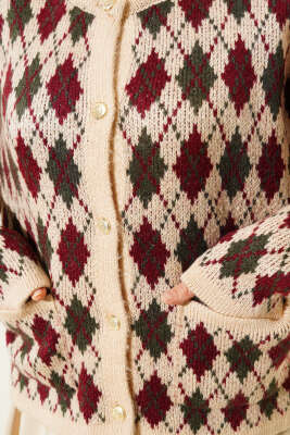 Baklava Desen Cepli Kısa Triko Hırka Latte - Triko Hırka