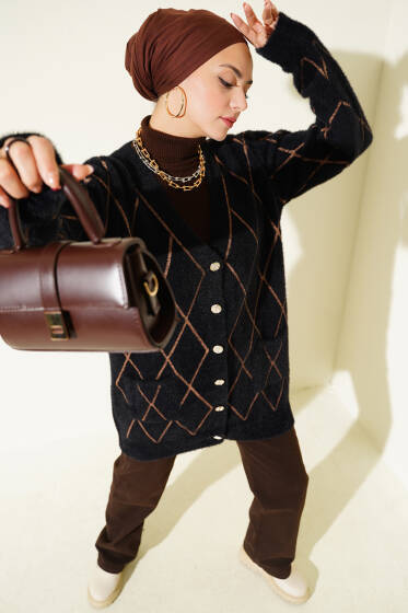 Baklava Desen Çizgili Cepli Sakallı Hırka Siyah Camel - Hırka