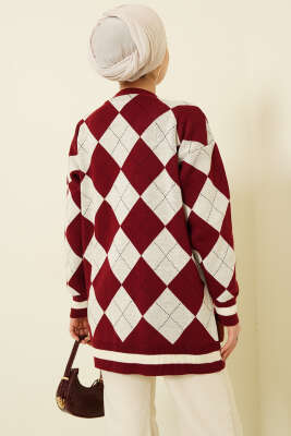 Baklava Desen Düğmeli Triko Hırka Bordo - Hırka
