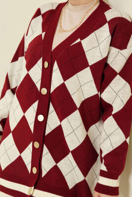 Baklava Desen Düğmeli Triko Hırka Bordo - Hırka