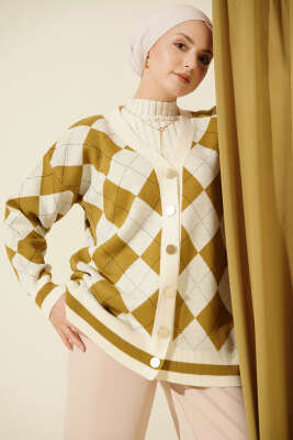 Baklava Desen Düğmeli Triko Hırka Ekru - RAFİMİX