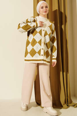 Baklava Desen Düğmeli Triko Hırka Ekru - Hırka