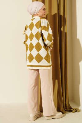 Baklava Desen Düğmeli Triko Hırka Ekru - Hırka