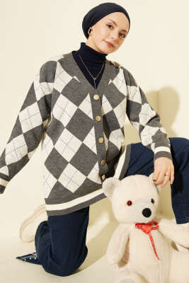 Baklava Desen Düğmeli Triko Hırka Füme - RAFİMİX