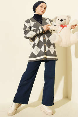 Baklava Desen Düğmeli Triko Hırka Füme - Hırka