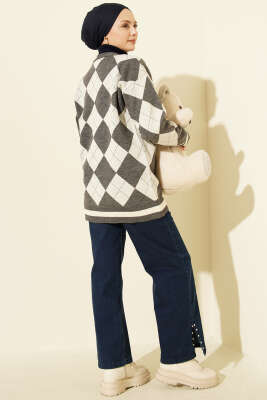 Baklava Desen Düğmeli Triko Hırka Füme - Hırka