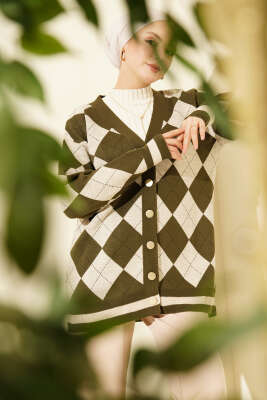 Baklava Desen Düğmeli Triko Hırka Haki - RAFİMİX