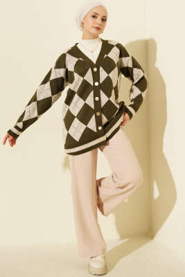 Baklava Desen Düğmeli Triko Hırka Haki - Hırka