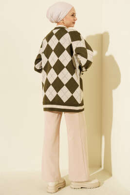 Baklava Desen Düğmeli Triko Hırka Haki - Hırka