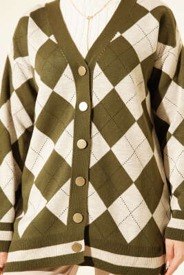 Baklava Desen Düğmeli Triko Hırka Haki - Hırka